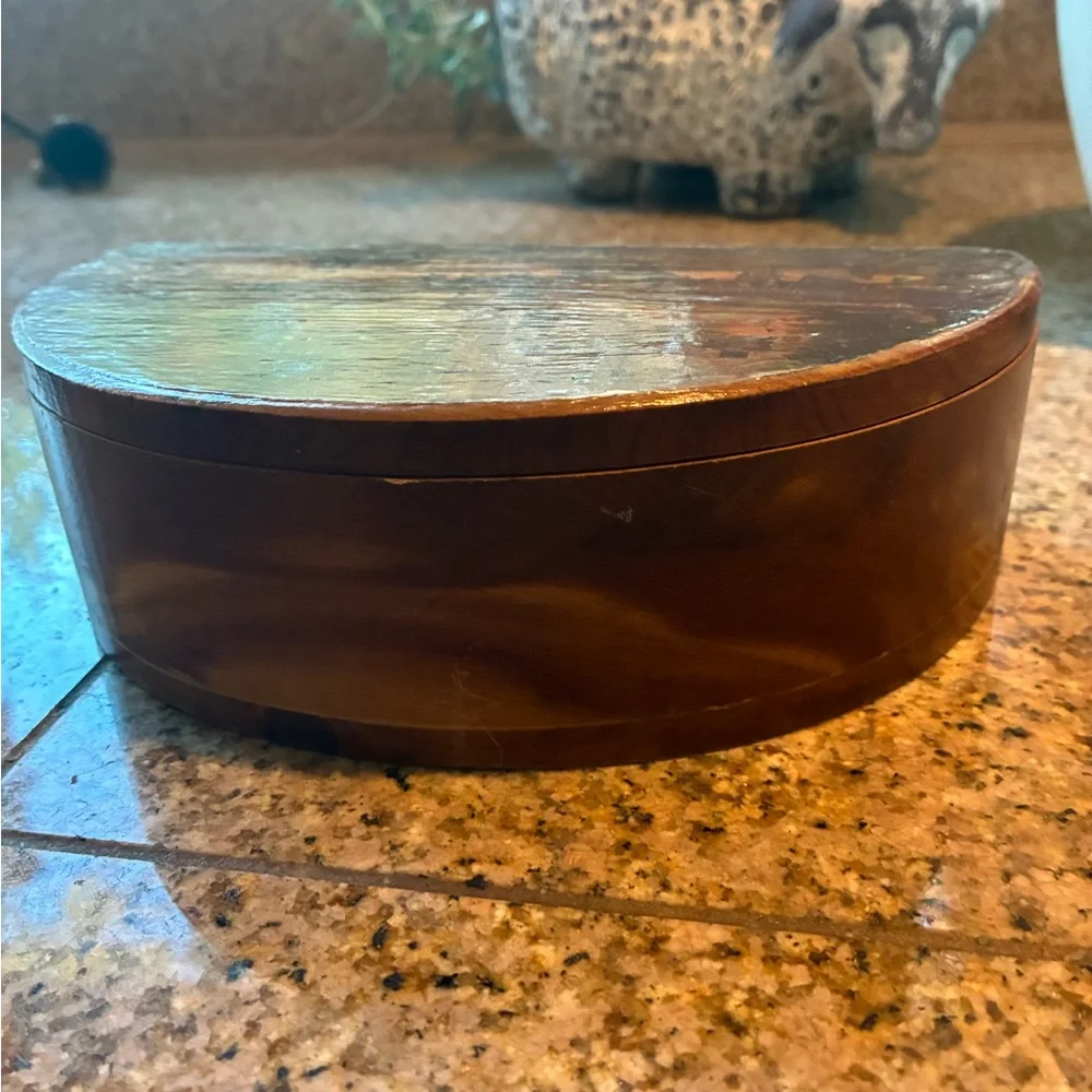 Italian Cedar Trinket Box with Old World Decopauge Scene Boats Port Cows Horses